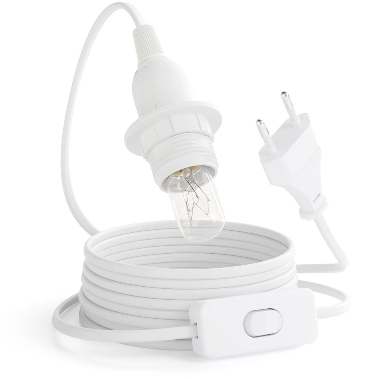 Cavo da inserire bianco con interruttore inline e presa/adattatore per lampadina, mostrato arrotolato con spina bipolare e lampadina collegata.