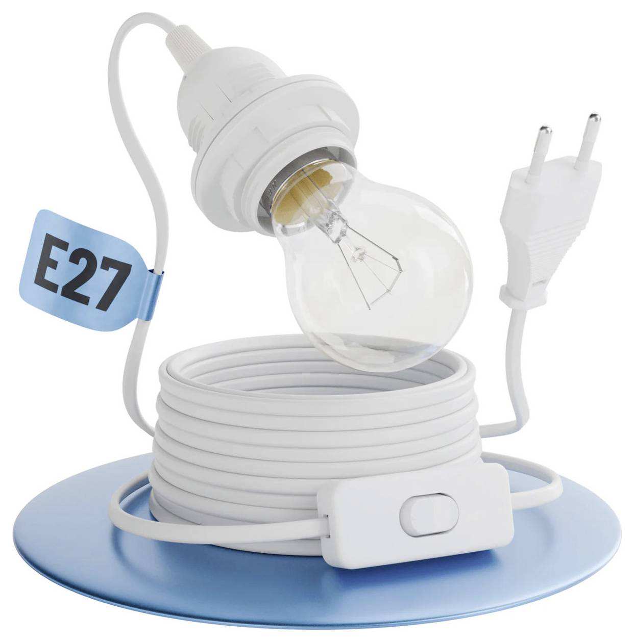 Cavo di prolunga bianco arrotolato con interruttore, spina e portalampada E27 su una base blu.