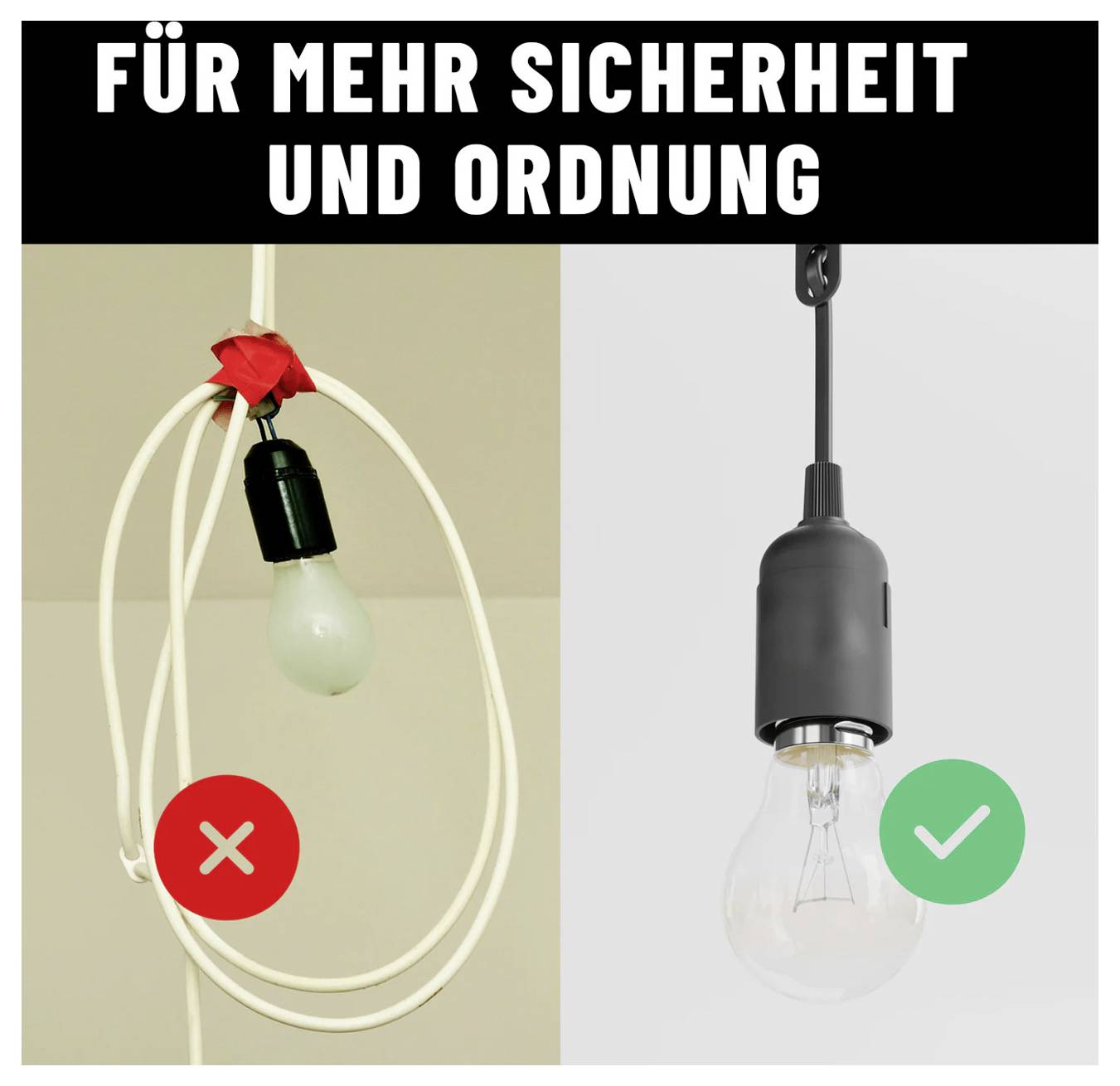 Poster che confronta una luce a sospensione disordinata e fissata con nastro adesivo con una X rossa e una netta luce a sospensione installata correttamente con un segno di spunta verde, intitolato 'PER MAGGIORE SICUREZZA E ORDINE'.