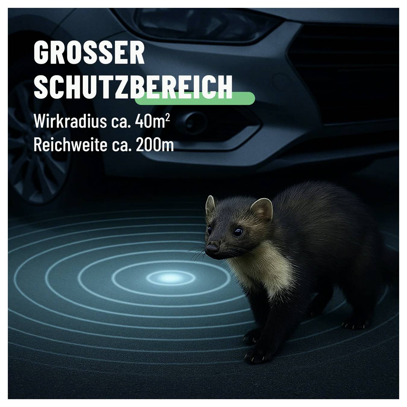 Martora vicino a un'auto con anelli di rilevamento luminosi; il testo dice 'AREA DI PROTEZIONE ESTESA', 'Raggio di azione ca. 40m²', 'Portata ca. 200m'.