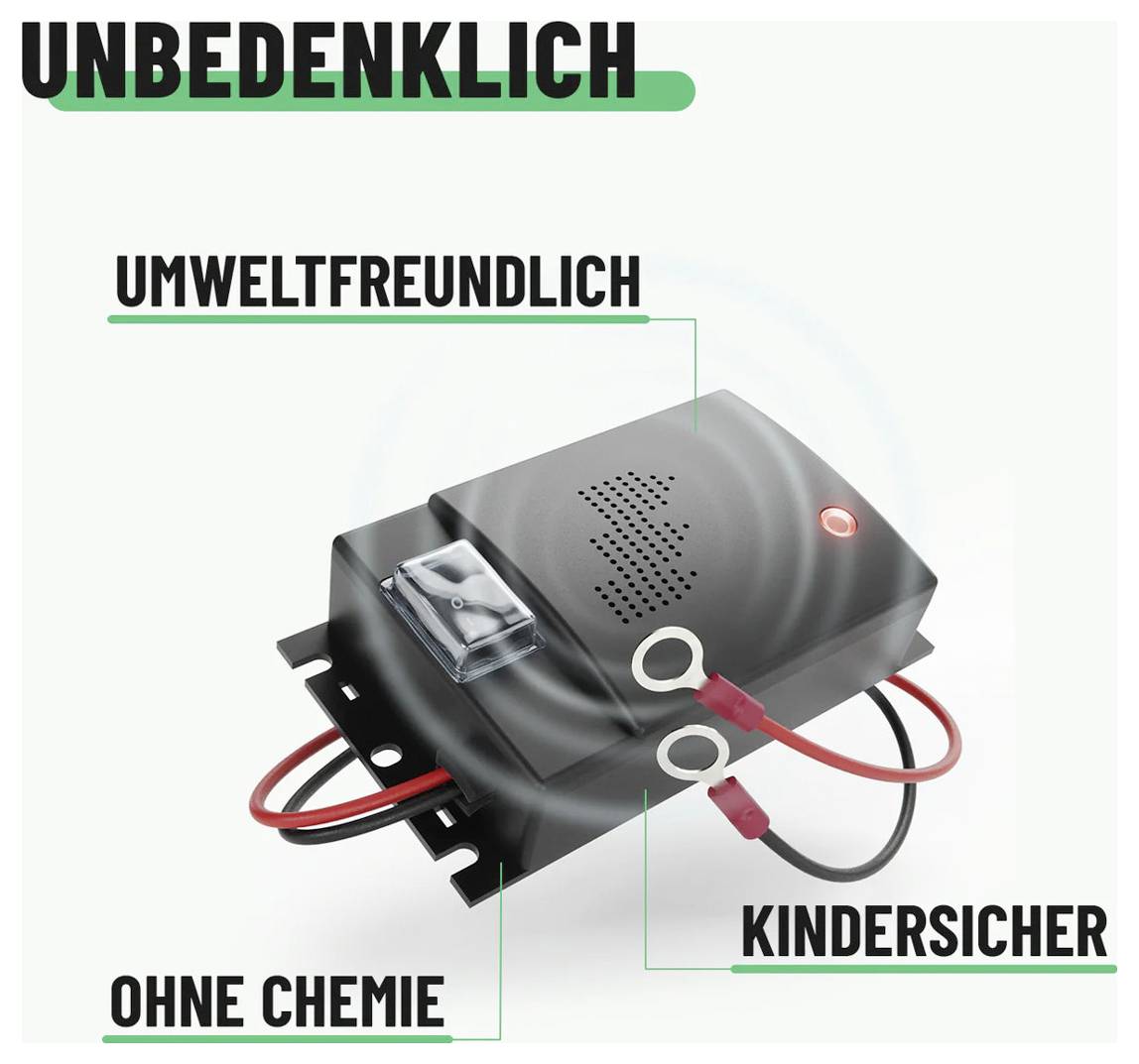 Dispositivo sicuro per i bambini senza sostanze chimiche etichettato "innocuo" e "ecologico", con una spia luminosa rossa e fili, più il testo "senza chimica" e "sicuro per i bambini".