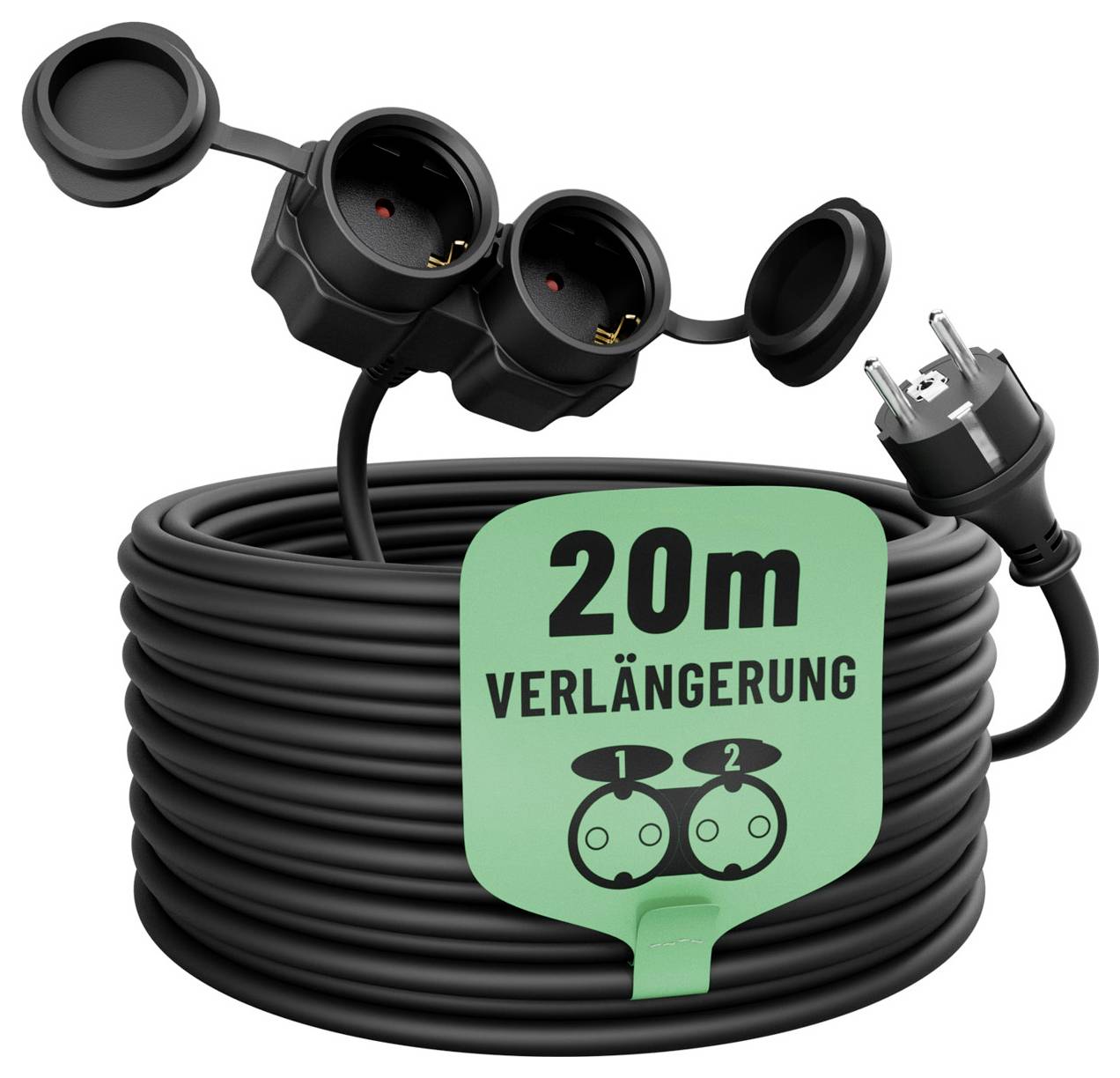 Cavo di prolunga nero da 20 m con due prese e spina, etichettato '20m VERLÄNGERUNG' sulla bobina.