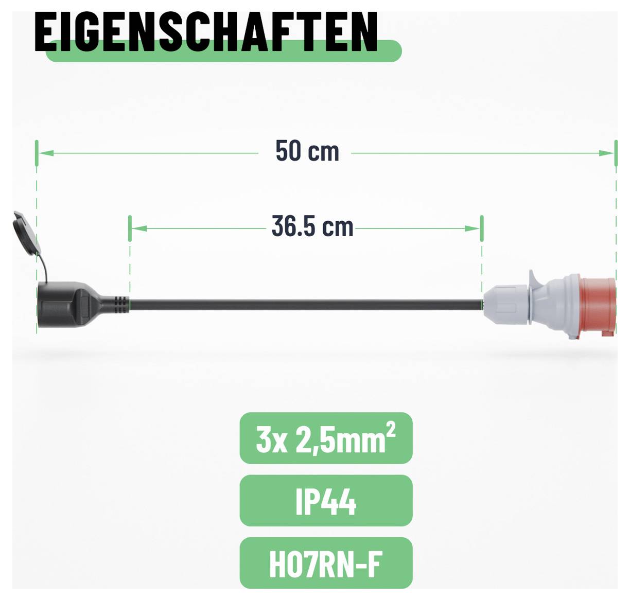 Diagramma di un cavo elettrico etichettato 'CARATTERISTICHE' che mostra 50 cm lunghezza totale, 36,5 cm lunghezza utile, 3x 2,5 mm², IP44 e H07RN-F.