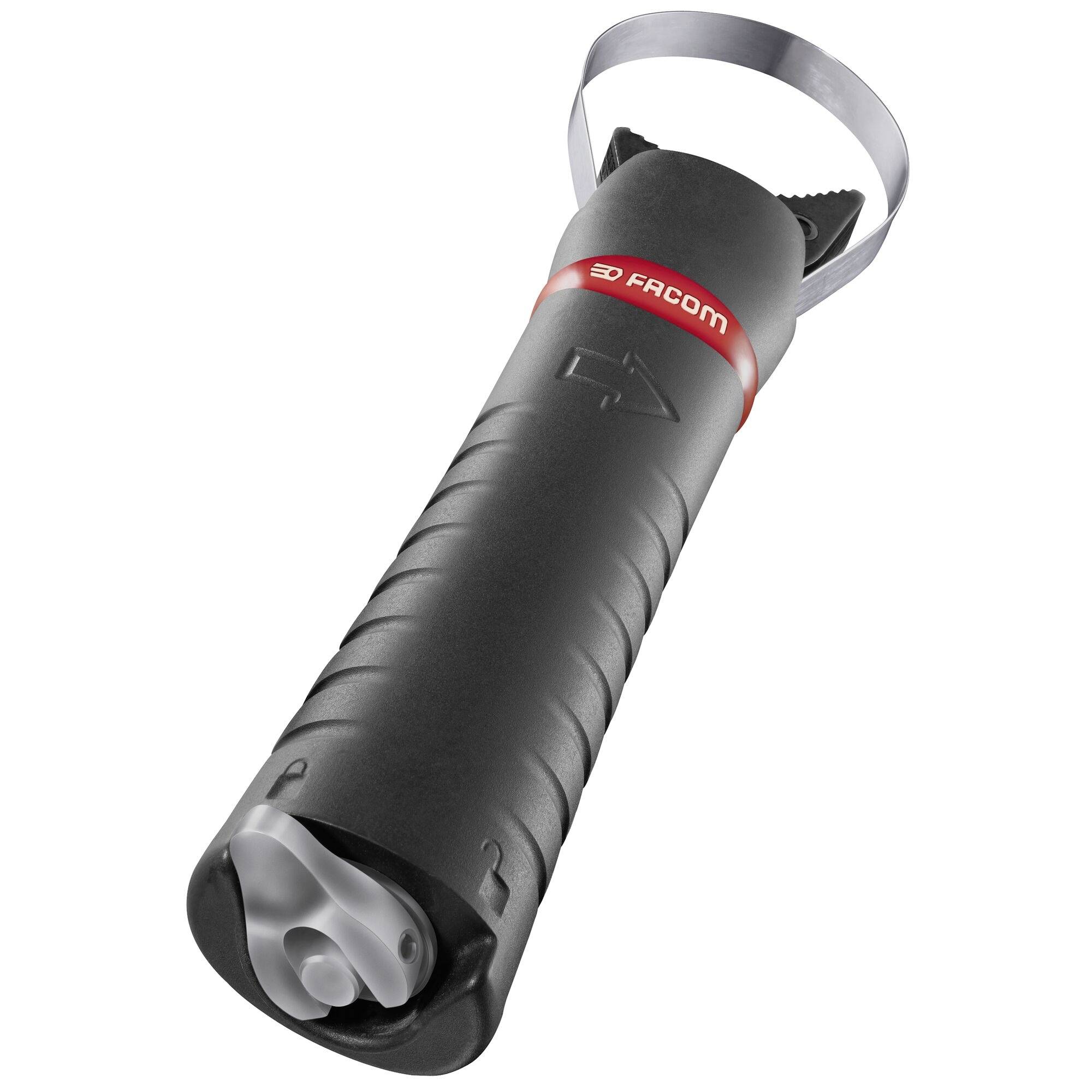 Torcia manuale FRACOM nera con cinturino da polso, mostrata su sfondo bianco.