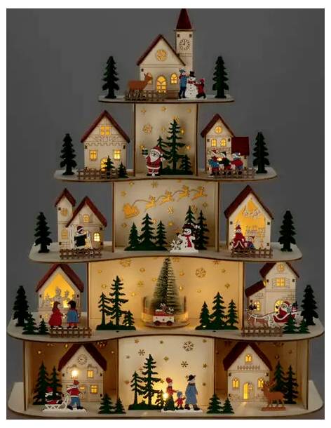 Display di villaggio natalizio a livelli su un supporto a forma di albero, con case in miniatura illuminate, alberi, Babbo Natale, renne e scene invernali.