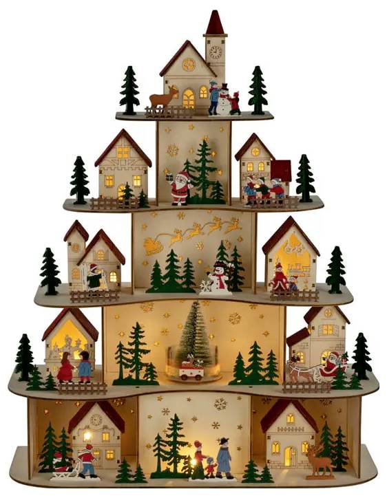 Esposizione di villaggio natalizio a cinque livelli con casette in miniatura illuminate, alberi e figure natalizie, inclusi Babbo Natale, renne e persone in scene invernali.