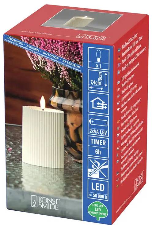 Candela LED bianca nervata in scatola, mostrata come una candela con icone timer e uso esterno, dimensione 7,4 cm, timer di 6 ore, alimentata a batteria.