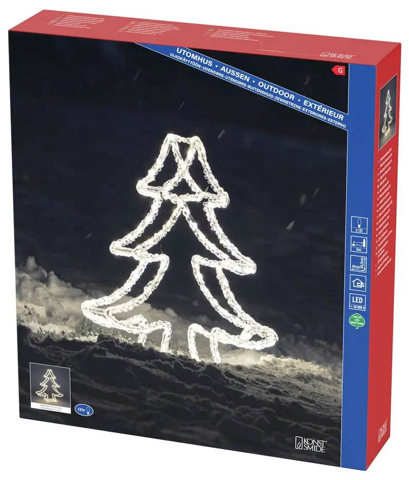 Scatola per un display di luci natalizie a LED per albero di Natale esterno, che mostra un albero bianco luminoso su uno sfondo scuro con testo "outdoor" e icone di prodotto.