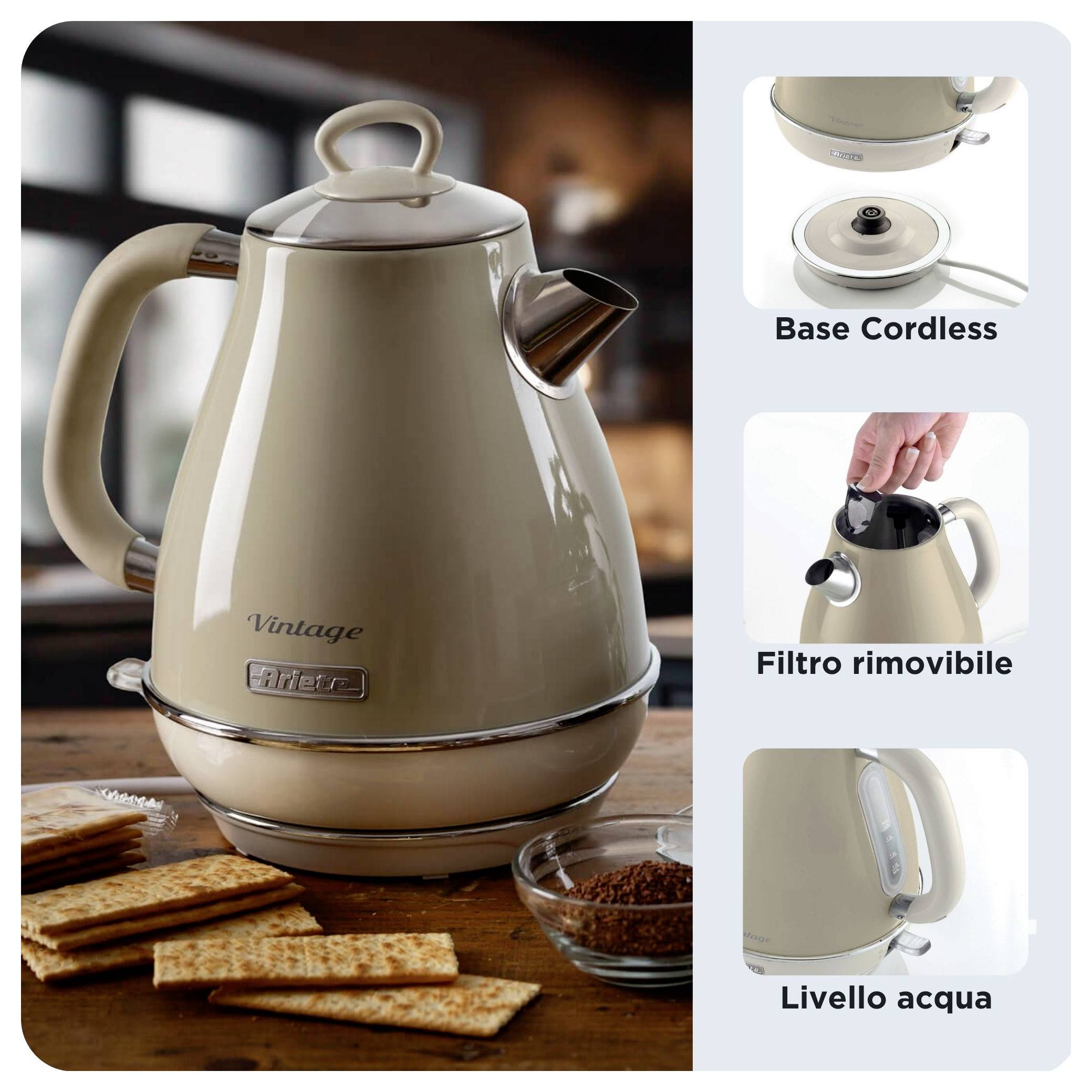 Bollitore elettrico vintage su un tavolo con cracker; i pannelli laterali mostrano "Base Cordless", filtro rimovibile e indicatore del livello dell'acqua.