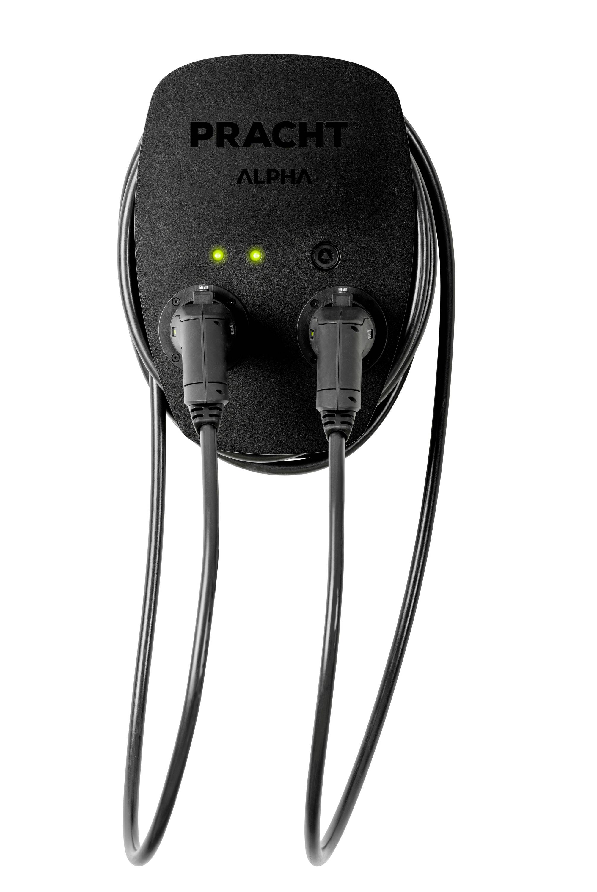Dispositivo PRACHT ALPHA nero montato a parete con due cavi collegati e due spie indicatrici verdi su sfondo bianco.