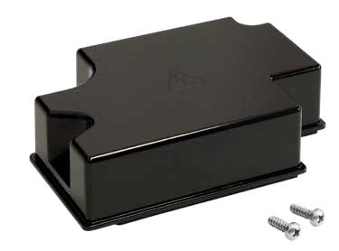 Custodia elettronica in plastica nera con due viti mostrate accanto ad essa