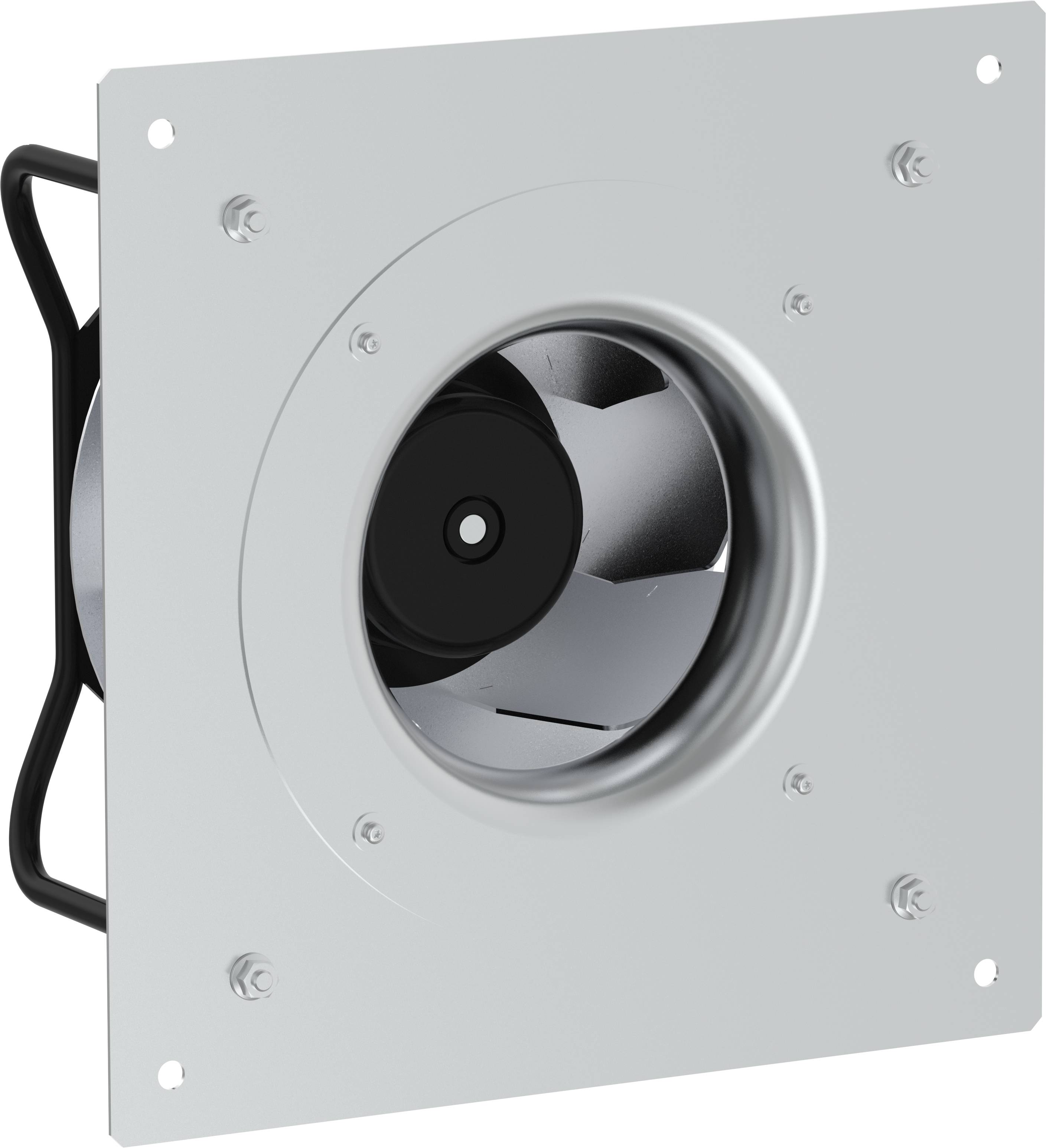 Unità ventilatore di scarico in metallo quadrato con apertura della girante circolare e fori di montaggio, mostrato su sfondo bianco.