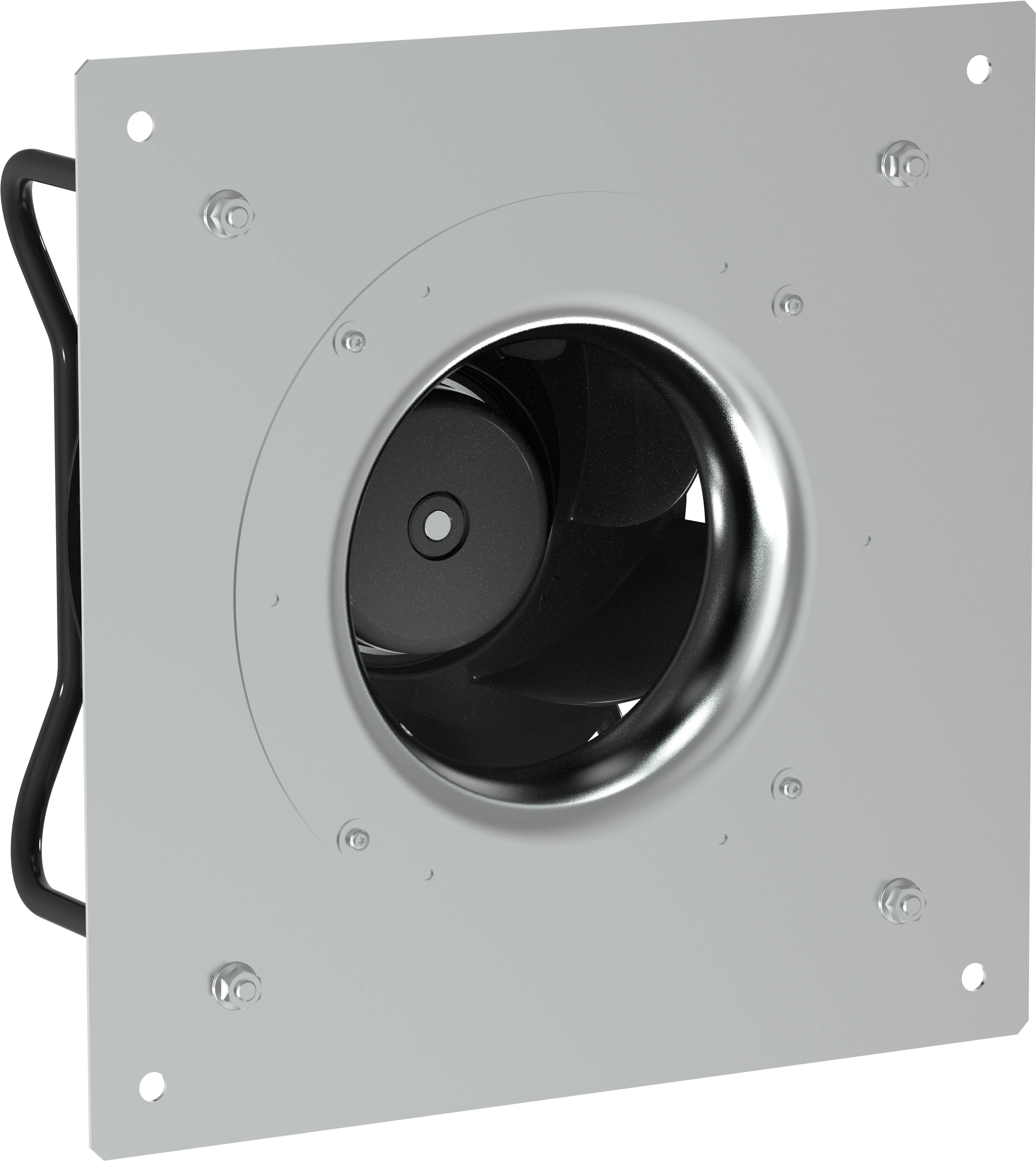 Ventilatore di ventilazione industriale con una piastra di montaggio quadrata in metallo e apertura circolare della ventola nera, mostrato frontalmente in angolazione.