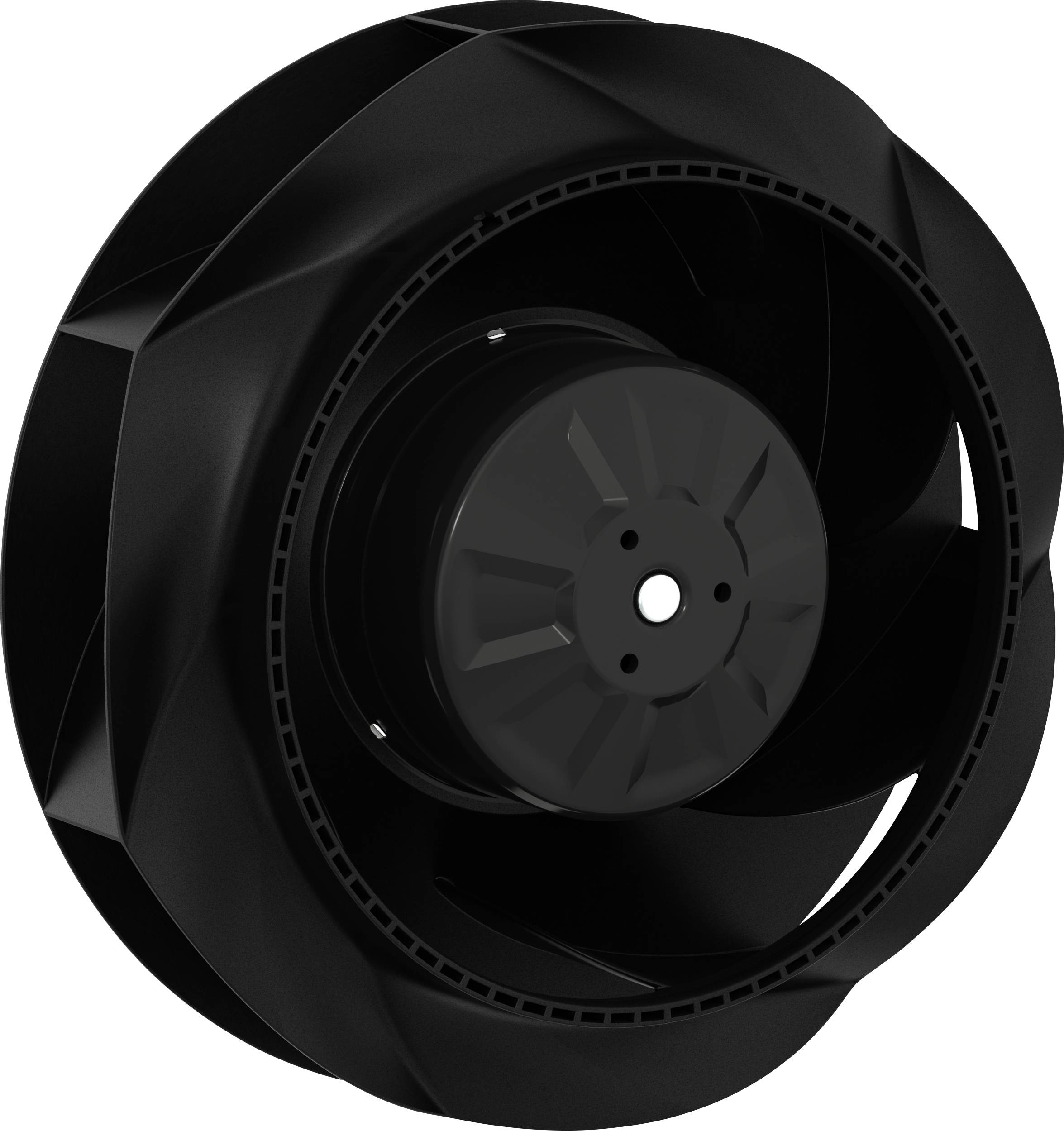 Ventilatore centrifugo industriale nero o soffiante visto da frontale su sfondo bianco.
