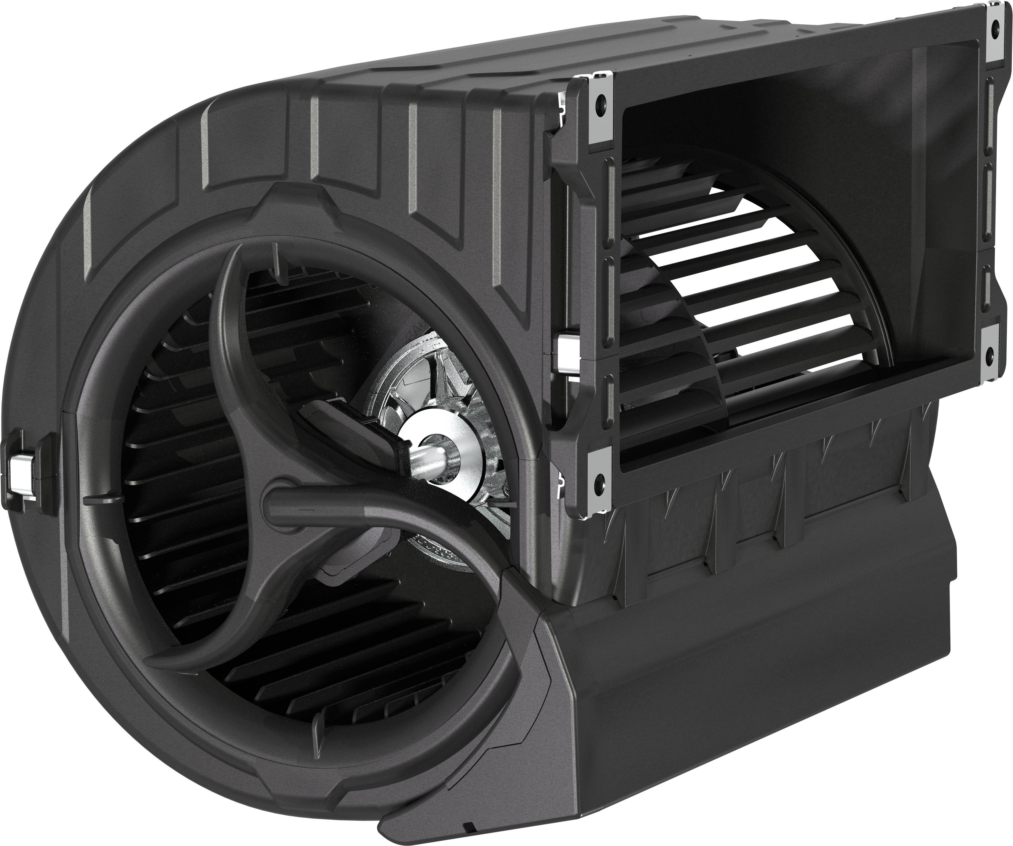 Assieme del motore ventilatore HVAC per automotive nero con grande ventola e alloggiamento rettangolare su sfondo bianco