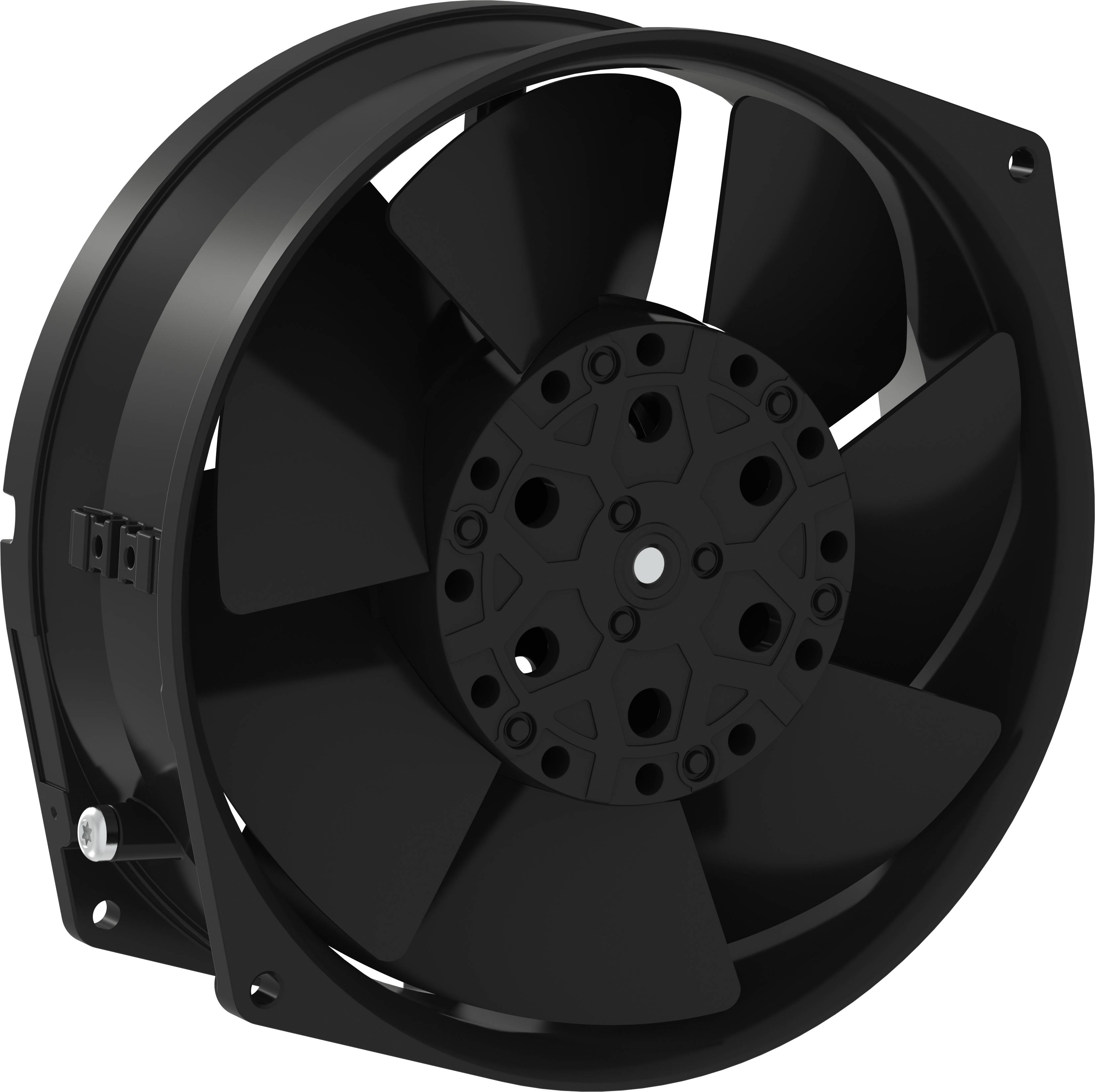 Ventilatore di raffreddamento assiale nero con alloggiamento quadrato e grandi pale centrali, mostrato su sfondo bianco.