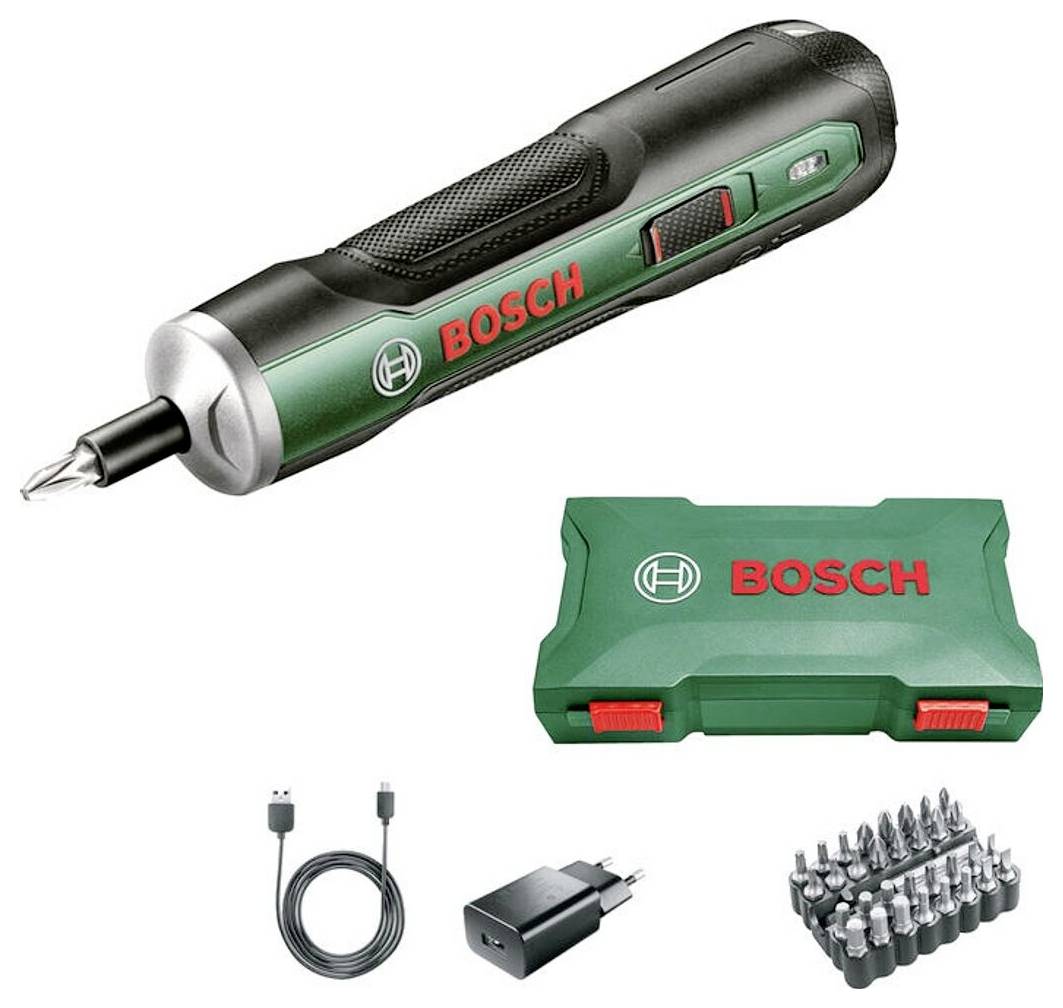 Kit di cacciavite elettrico senza fili Bosch con custodia di ricarica, cavo USB, adattatore di alimentazione e set di punte.