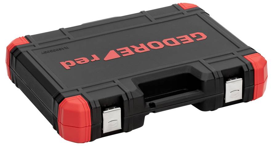 Custodia rigida in plastica nera e rossa con chiusure a scatto, etichettata "GEDORE red" sul coperchio.