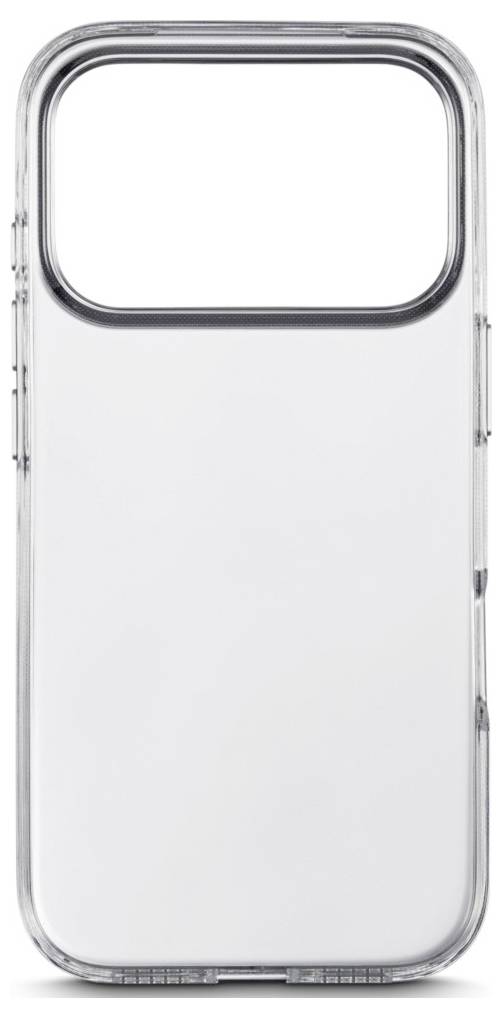Custodia protettiva trasparente per telefono con grande apertura rettangolare per la fotocamera nella parte superiore e bordi trasparenti.