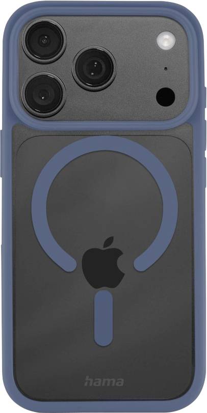 Custodia iPhone blu con anello in stile MagSafe circolare e ritaglio del logo Apple, mostrata da dietro con le tre fotocamere visibili.
