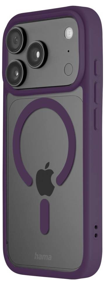 Custodia per telefono viola con tre ritagli per fotocamera posteriore, un anello di presa circolare rialzato e il logo Hama in basso.