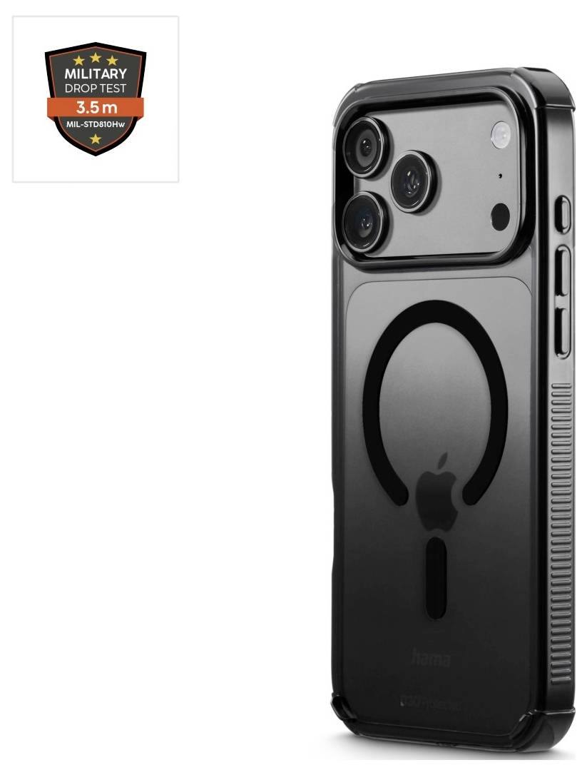 iPhone nero in una custodia protettiva trasparente, mostrato con un distintivo "Military Drop Test 3.5m" che indica la protezione dall'impatto.