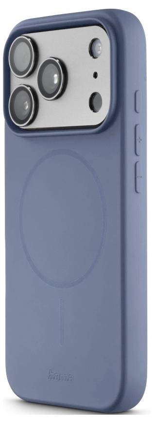 Custodia per smartphone blu con anello circolare integrato nello stile MagSafe e ritaglio tripla fotocamera rialzato sul retro.