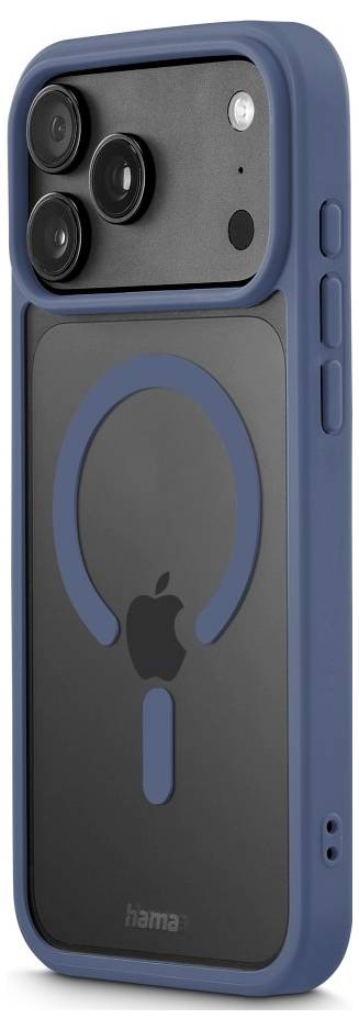 Custodia protettiva per smartphone blu con anello circolare in stile MagSafe integrato e ritaglio del logo Apple, visualizzata da dietro con angolazione.