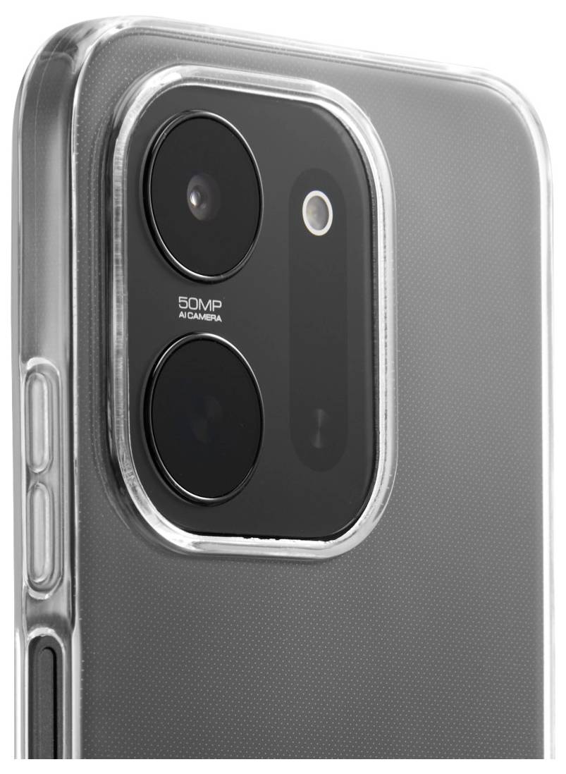 Primo piano del modulo fotocamera posteriore di uno smartphone con due obiettivi, flash e testo "FOTOCAMERA AI 50MP" su una custodia grigia.