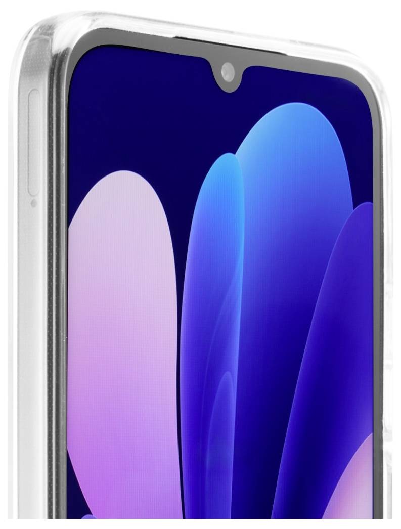 Primo piano di uno smartphone con notch a goccia e sfondo astratto blu e viola.