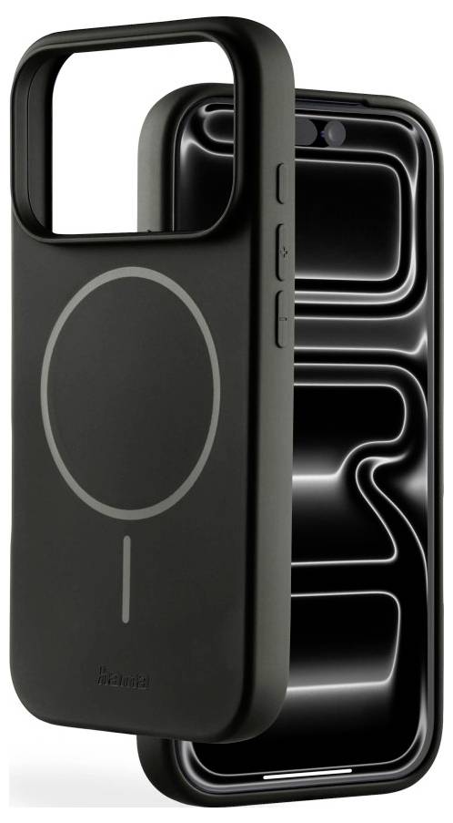 Custodia per smartphone nera con ampio ritaglio per la fotocamera, anello in stile MagSafe ovale, e pulsanti laterali rialzati, mostrata nelle viste anteriore e posteriore.