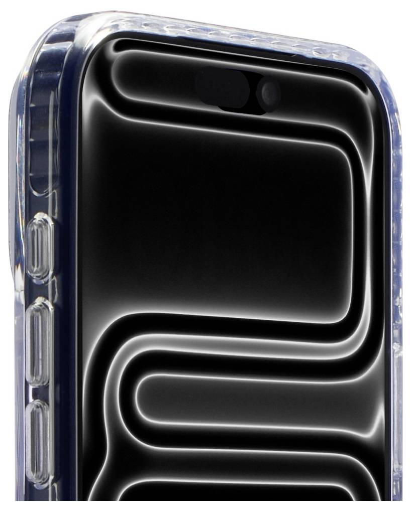 Primo piano di uno smartphone con schermo nero lucido che mostra linee curve bianche luminose, visto di fronte in una custodia trasparente.