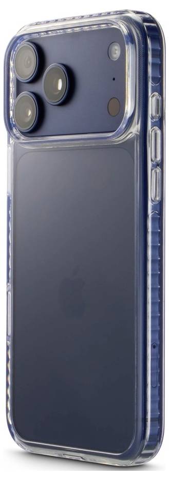 Custodia protettiva trasparente su uno smartphone, che mostra il retro con tre obiettivi fotografici e i pulsanti laterali.