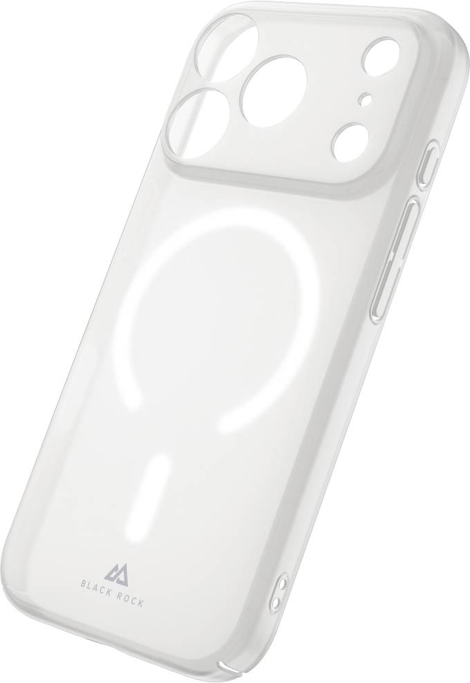 Custodia trasparente per smartphone con ritaglio della fotocamera rialzato e anello circolare in stile MagSafe, mostrata in bianco su uno sfondo neutro.