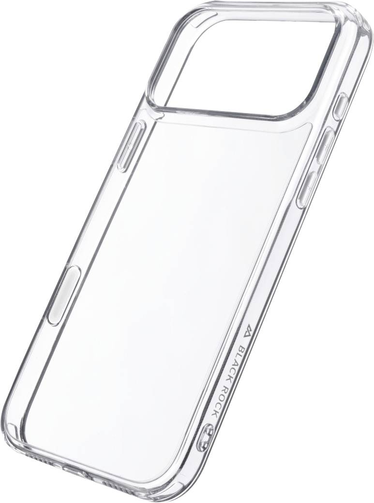 Custodia trasparente e trasparente per smartphone con protezione della fotocamera rialzata e ritagli laterali per i pulsanti, mostrata su uno sfondo bianco.