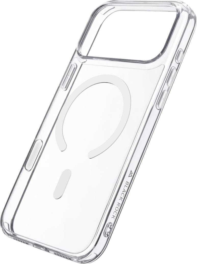 Custodia per telefono trasparente con anello circolare in stile MagSafe e segno di allineamento inferiore, mostrata su sfondo bianco.