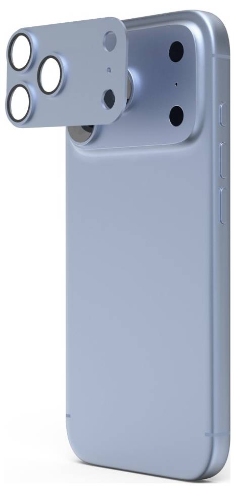 Smartphone blu con un modulo fotocamera tripla scorrevole che si estende dall'angolo superiore sinistro, mostrando un design concettuale con più obiettivi posteriori.