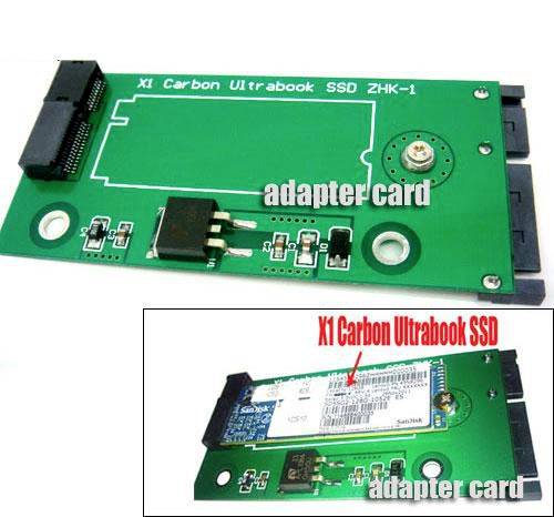 Scheda adattatore SSD per Ultrabook Green X1 Carbon mostrata con il contorno di un'unità vuota e una foto in riquadro più piccola dell'SSD installato.