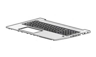 Computer portatile aperto visto da sopra, con tastiera, trackpad e porte laterali su uno sfondo bianco.