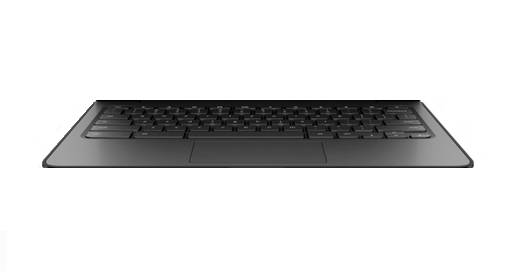 Un sottile laptop grigio mostrato aperto da una bassa angolazione frontale, con la tastiera visibile su uno sfondo bianco semplice.