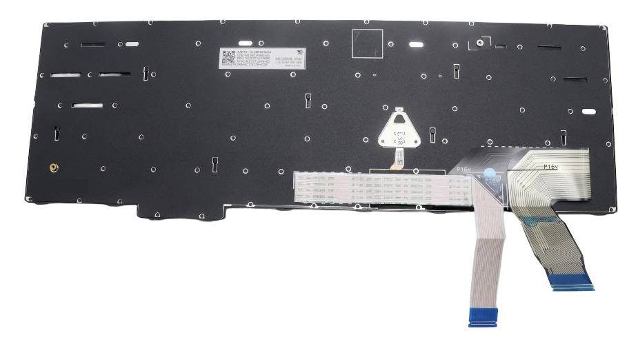 Vista inferiore di un pannello di tastiera di laptop con due cavi nastro e ritagli connettore su sfondo bianco