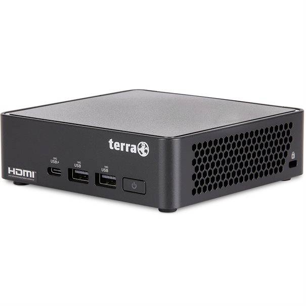 Piccolo PC Terra mini nero con HDMI e tre porte USB sulla parte anteriore, più una griglia di ventilazione laterale e pulsante di accensione.