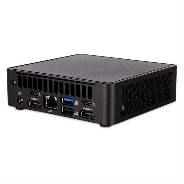 Mini PC nero compatto con porte anteriori, incluse alimentazione, HDMI, Ethernet, USB-A e USB-C, mostrato su sfondo bianco.