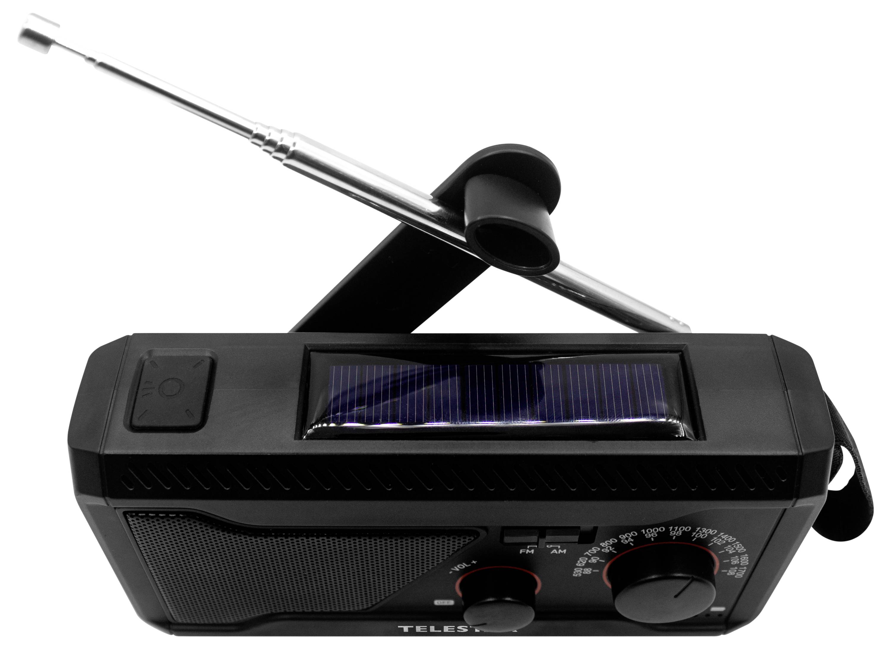 Radio di emergenza portatile alimentato a energia solare con antenna a manovella, pannello solare, griglia dell'altoparlante e quadranti di sintonizzazione su sfondo bianco.