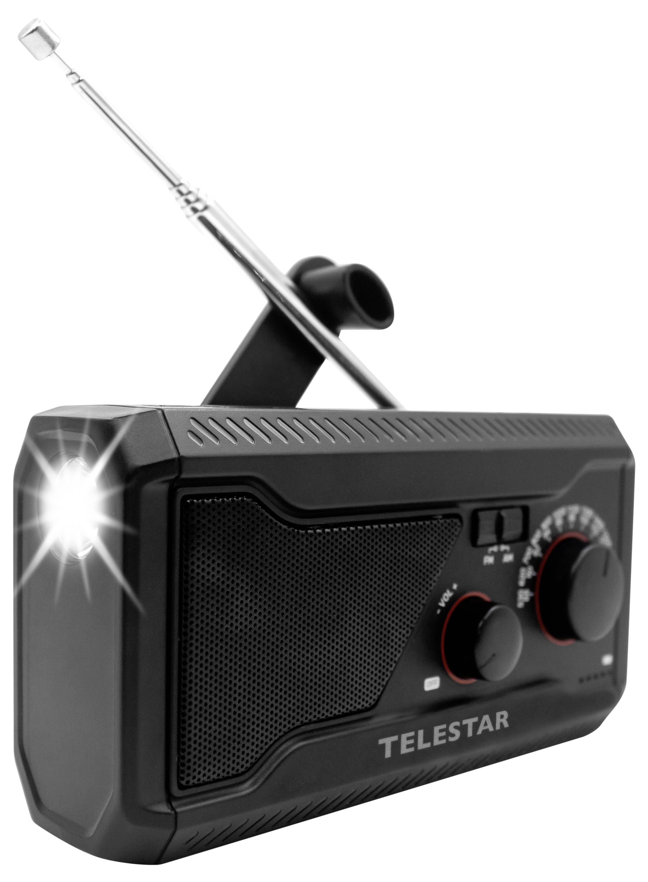 Radio portatile Black Telestar con antenna estesa e torcia luminosa brillante nell'angolo anteriore sinistro, mostrato su sfondo bianco.