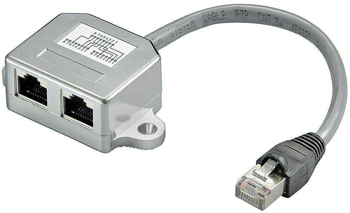 Adattatore splitter Ethernet con due porte RJ45 e un'estremità di cavo collegata, utilizzato per dividere o unire connessioni di rete.