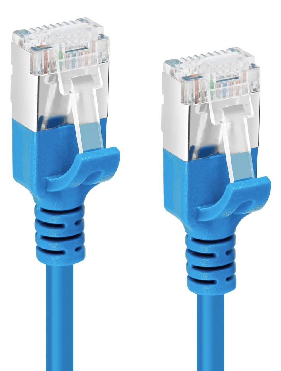 Due connettori di cavo Ethernet blu mostrati uno accanto all'altro su uno sfondo bianco.