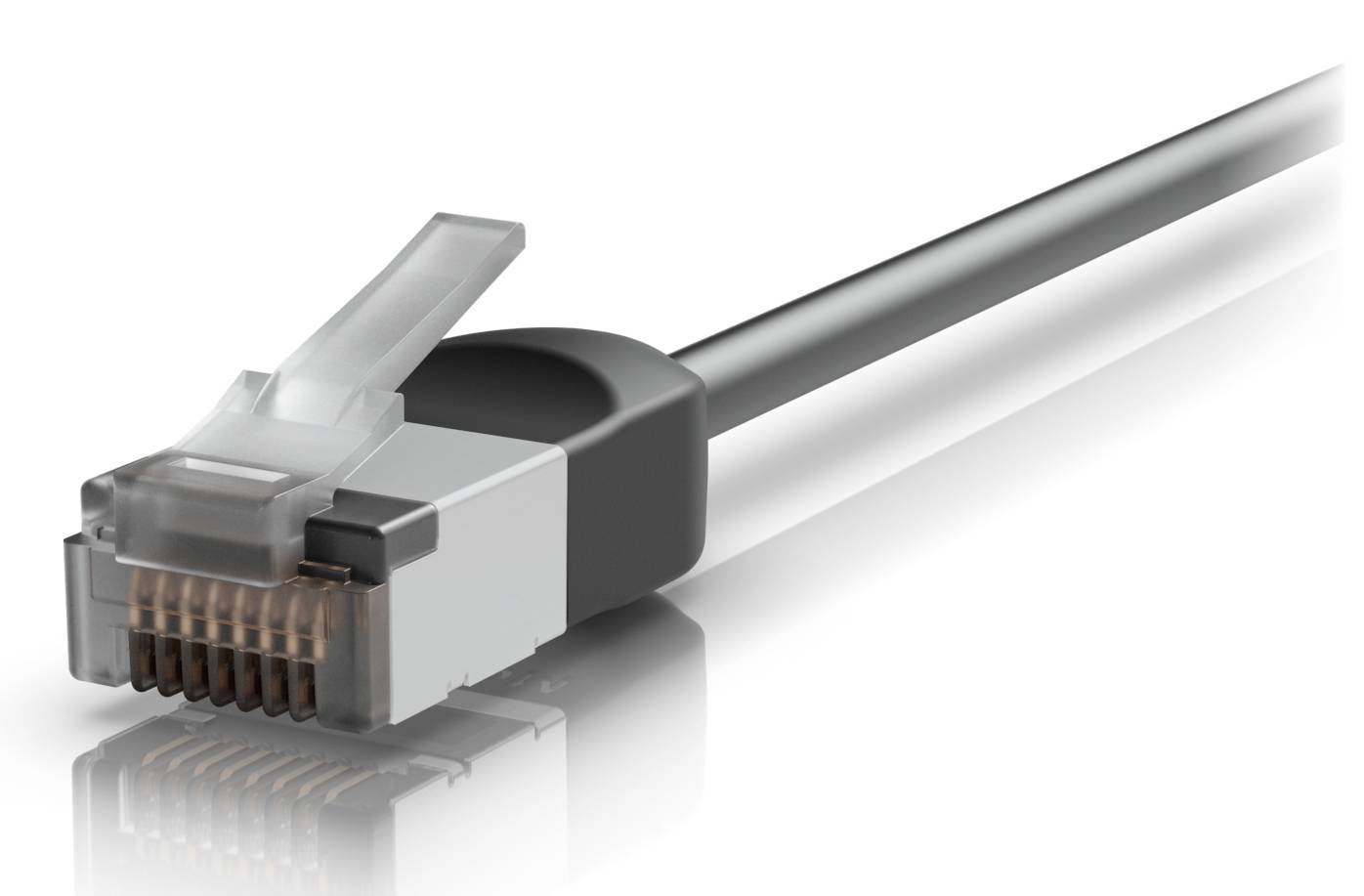 Cavo Ethernet con connettore RJ45, mostrato in primo piano su uno sfondo bianco.