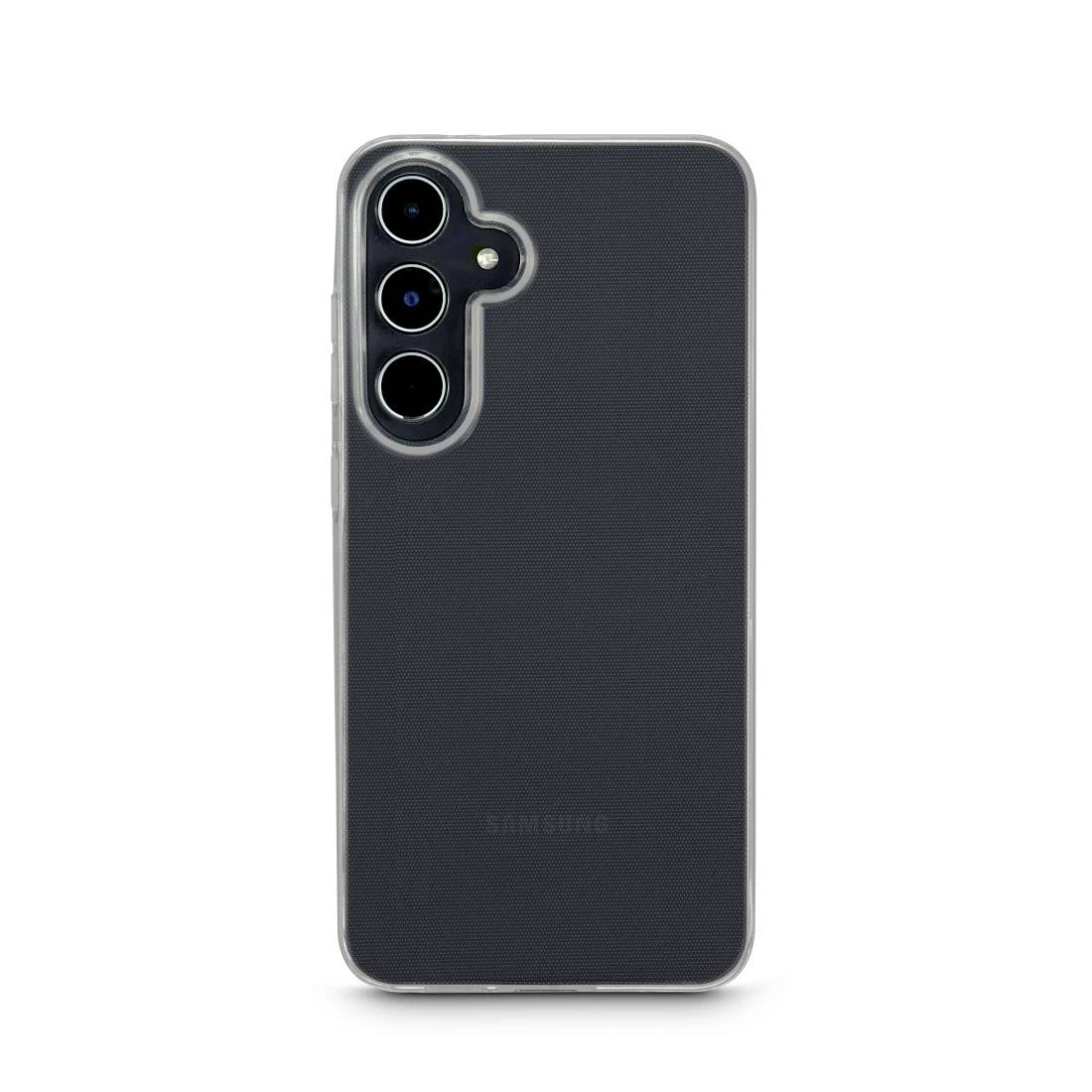 Smartphone Samsung nero mostrato da dietro con un ritaglio per tripla fotocamera su uno sfondo bianco semplice.