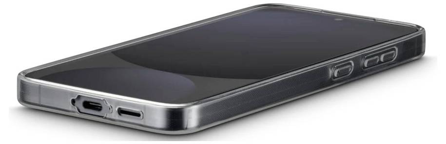 Smartphone nero mostrato in angolazione, che evidenzia i suoi bordi metallici sottili, lo schermo e la porta di ricarica.